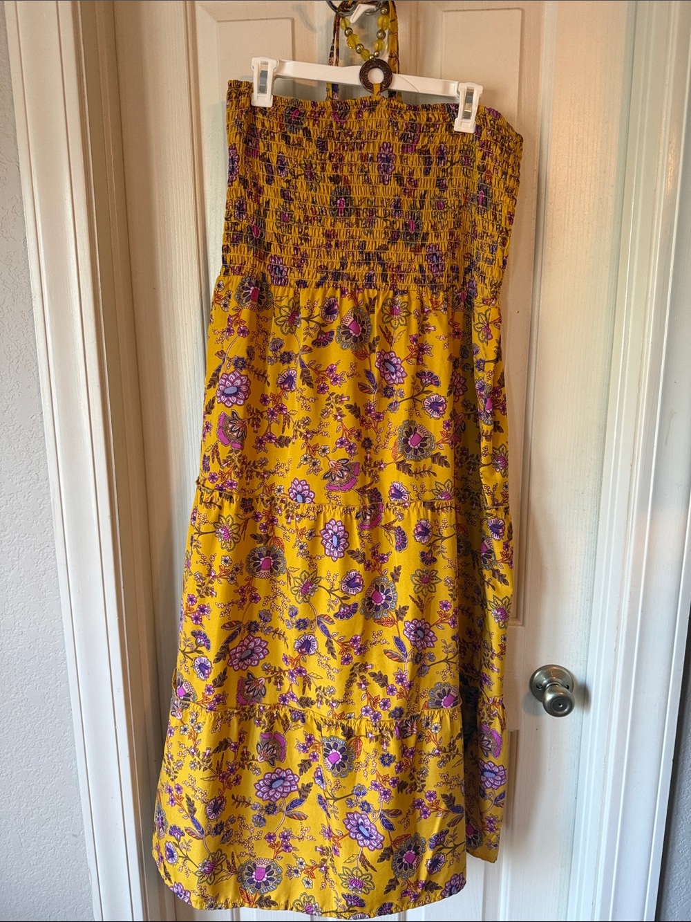 Amazon Yellow Floral Smocked Maxi Skirt with Purple Accents
